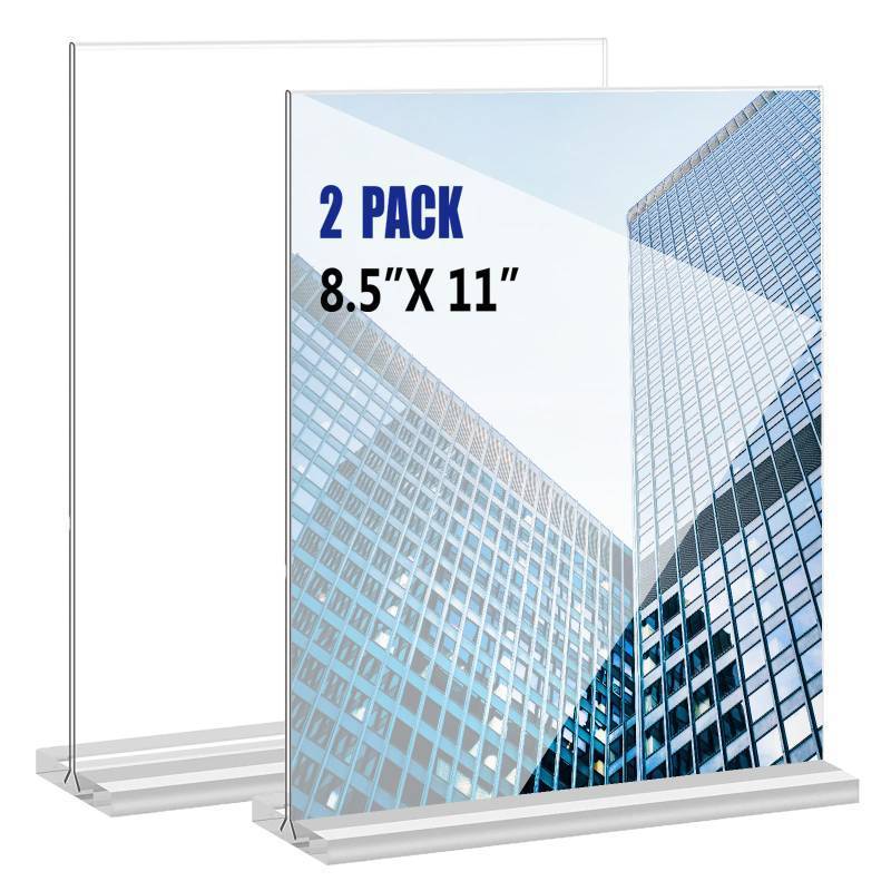 lot 53842 image: KOOLDE Acrylic Sign Holder 8.5x11 Inches 2 Pack T Shape Desktop Display Stand Vertical Double Sided Clear Table Menu Flyer Holder for Restaurants, Office, Shop, Wedding