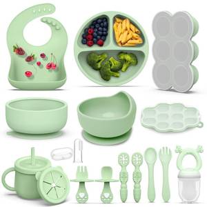 lot 23594 image: 16 Pack Silicone Baby Feeding Set, BPA-Free Baby LED Weaning Supplies, Include Suction Plates, Baby Bowls, Silicone Fork & Spoon, and More, First Stage Baby Food Eating Utensils - 6 Months(Green, 16)