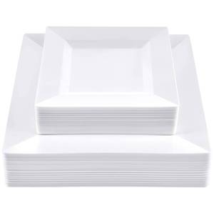 lot 23597 image: SETUP 60-Piece White Square Plastic Dinnerware Set 30 9.5 Dinner & 30 6.5 Salad Plates Heavy-Duty Disposable for Weddings, Catering, Parties