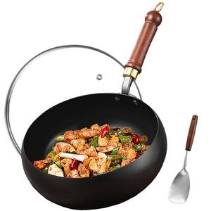 lot 23599 image: UMETRE Carbon Steel Wok Pan, 9.5 Woks & Stir-Fry Pans with Glass Lid Cookwares, Nonstick Wok Flat Bottom Small Handmade Chinese Wok For for All Stoves