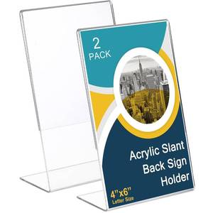 lot 23612 image: Sanwuta 2 Pcs 4 x 6 Inch Acrylic Sign Holder, Slant Sign Display Stand, Transparent Flyer Holder Frame Plastic Document Display for Workers Teachers Office Home Menu Desktop