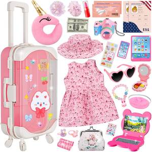 lot 23625 image: Doll Suitcase Travel Sets, 18 inch Doll Clothes and Accessories - 28 Pcs Travel Pillow, Unicorn Bag, Sunglasses, Camera, Computer, Phone, Passport, Birthday Gifts for Age 3 4 5 6 7 Year Old Girls