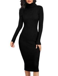 lot 28852 image: V28 Women Turtleneck Knit Stretchable Elasticity Long Sleeve Slim Fit Long Sweater Dress(Medium Black)