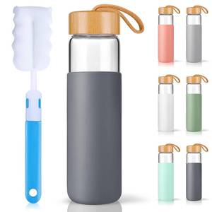 lot 28871 image: Yomious 25 Oz Borosilicate Glass Water Bottles with Silicone Sleeve BPA Free, Dishwasher Safe - Reusable Clear Glass Drinking with Leak Proof Bamboo Lid  Perfect Gym Water Bottles for Men & Women (Bamboo Cap Cracked)