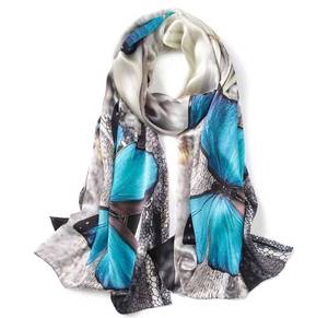lot 28876 image: ANDANTINO 100% Mulberry Silk Long Scarf for Women Large Shawls for Headscarf and Neck- Oblong Hair Wraps with Gift Packed (Blue Butterflies)