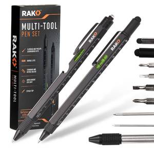 lot 28888 image: RAK Multitool Pen - Multi-Tool Pens, LED Light, Flathead, Phillips Screwdrivers, Level, Ruler, Bottle Opener, and Stylus. Cool Gadgets Gifts for Men, Dad, EDC Pen Tool, Gift-Ready Box, Pack of 2