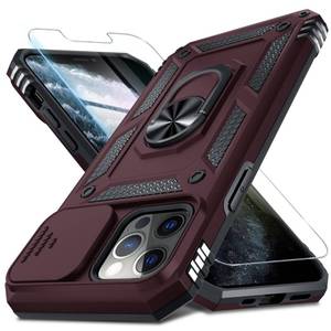 lot 39213 image: Janmitta Case for iPhone 12 & 12 Pro Phone Cover Built in Slide Camera Lens CoverScreen Protector,Heavy Duty Shockproof Full Body PhoneCase with Finger Ring Holder Kickstand,Wine Red