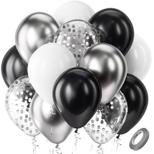 lot 39216 image: Bezente Black Silver Confetti Latex Balloons,60pcs 12 inch Black White Silver Metallic Chrome and Confetti Balloons for New Year Birthday Baby Shower Wedding Theme Party Decoration