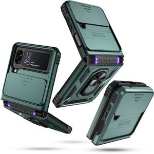 lot 39224 image: Janmitta for Samsung Galaxy Z Flip 4 Case Built in Slide Camera Lens CoverHinge ProtectionFinger Ring Kickstand,Heavy Duty Shockproof Full Body Protective Phone Cover,2022 Dark Green