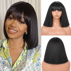 lot 47798 image: Marshey Bob Wig with Bangs as Human Hair, 12 Inch Light Yaki Straight Bob Wigs Glueless Synthetic Short Wigs for Black Women Shoulder Length Ready to Go Pre Cut