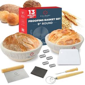 lot 47801 image: Bread Proofing Basket Set of 2 - Round 9 Sourdough Bread Baking Supplies wLinen Liner, Scrapers, Scoring Lame, Whisk, Blades Banneton Proofing Baskets - Sourdough Starter Kit for Beginners