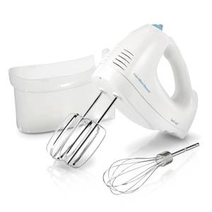 lot 47802 image: Hamilton Beach 6-Speed Electric Hand Mixer with Whisk, Traditional Beaters, Snap-On Storage Case, 250 Watts, White Tested Powers On
