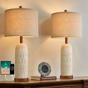 lot 47805 image: OYEARS 26.5 Table Lamps Set of 2 with USB AC Charging Ports for Bedroom Living Room Farmhouse Bedside End Lamps Rustic Nightstand Lamps, Brown