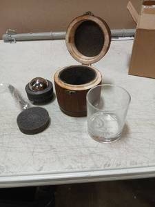 lot 47829 image: Wood Whiskey Barrel Holding Whiskey Glass And Ball