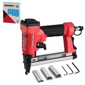 lot 55402 image: Arrow Pneumatic Staple Gun, Oil-Free Upholstery Stapler with 3750 Pieces T50 14, 38, 12 Staples, Adjustable Exhaust, for Woodworking, Professional and DIY Projects, PT50