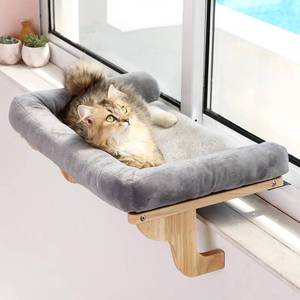 lot 55408 image: Zakkart Cat Perch for Window Sill with Bolster - Orthopedic Hammock Design with Premium Hardwood & Robust Metal Frame - Cat Window Seat for Large Cats and Kittens - Natural Color Wood Gray Bed, 24W