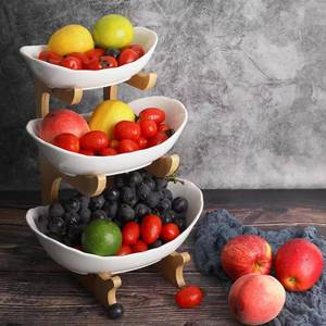 lot 55418 image: SEVEN SPARTA Fruit Bowl for Kitchen Counter - 3 Tier Ceramic Serving Bowls with Bamboo Stand, Tiered Fruit Basket for Fruit Vegetable Storage, Cake, Dessert, Nuts, Snack, Salad (Dishwasher safe)