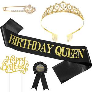 lot 55429 image: 5 Pieces Birthday Accessories, Include Queen Sash, Tiara, Tinplate Badge Pin, Brooch Clip Pin and Happy Birthday Cupcake Topper for Women Party Favors
