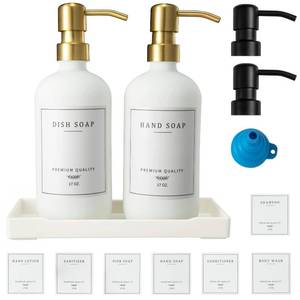 lot 55432 image: Glass Soap Dispenser for Kitchen, Farmhouse Kitchen Dish Soap Dispenser&Hand Soap Dispenser Set, Rustproof Pump Soap Lotion Dispenser Bathroom with Tray, Waterproof Label for Decor(White