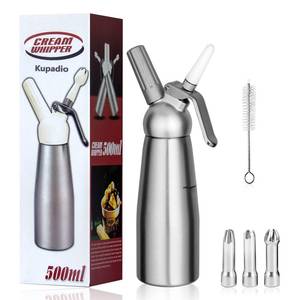 lot 55439 image: Professional Aluminum Whipped Cream Dispenser Cream Maker 500mL (1 Pint) for Desserts Gourmet Cream Whipper with 3 Decorating Nozzles- N2O Chargers (Not Included)