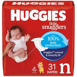 lot 55443 image: Huggies Size Newborn Diapers, Little Snugglers Baby Diapers, Size Newborn (up to 10 lbs), 31 Count, Packaging May Vary
