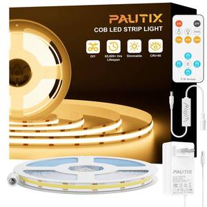 lot 55460 image: PAUTIX COB LED Strip Lights with RF Remote,32.8ft UL Listed Dotless LED Lights Warm White 2700K,Super Bright Dimmable 24V Adhesive LED Tape Light,Kitchen Cabinets Shelf Mirror Office Bedroom Lighting