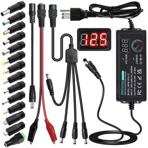 lot 55462 image: Universal Power Supply 3V24V 3A 72W Adjustable Variable 3V 5V 9V 12V 18V 20V 24V ACDC Adapter Charger, 100V-240V AC to DC Converter with 14 Tips, Polarity Converter and 4-Way Power Splitter Cable