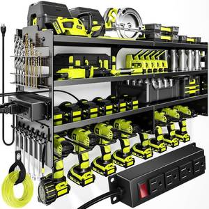 lot 101368 image: Large Power Tool Organizer Wall Mount with Charging Station,4 Layer Heavy Duty Metal Tool Storage Rack Loads 600lbs with 8 Cordless Drill Holder,Battery Utility Rack Loads with 4 Power Strip