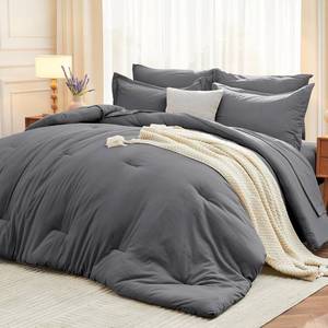 lot 101370 image: MUXHOMO 7 Pieces King Comforter Set, Soft Bed in a Bag King Size, All Season Bedding Set with Comforter, Flat Sheet, Fitted Sheet, Pillowcases & Shams, Dark Grey