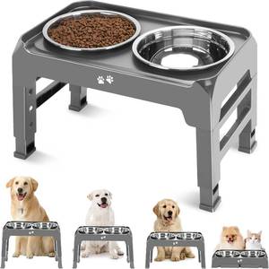 lot 101379 image: Elevated Bowls, 4 Height Adjustable Raised Stand With 2 Thick 50oz Stainless Steel Food Bowls, Non-Slip Feeder for Large Medium Dogs, Adjusts to 3.7, 9.2, 10.75, 12.36 Grey