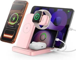 lot 101407 image: Intoval 5-in-1 Charging Station, for iPhones 1717 Pro17 Pro Max and Androids, iPad ProAirMini, Apple Watch 11Ultra 3Ultra 2Ultra10987SE, Wireless Charging Dock for Multiple Devices (Pink)