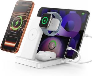 lot 101408 image: Caxdon Multiple Devices Charging Station, 5-in-1 Charging Station for iPhone 17 Pro MaxPro1615141312, iPad ProAirMini, Apple Watch and Airpods,Wireless Charging Dock(G805) (White)