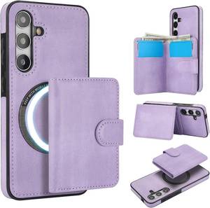 lot 101410 image: for Samsung Galaxy S25 Case with 2 in 1 Detachable Magnetic Wallet, 4 Card Slots and Cash Slot,Compatible with MagSafe, RFlD Blocking Premium PU Leather Wireless Charging-Purple