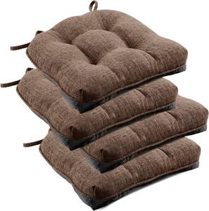 lot 201240 image: downluxe Indoor Chair Cushions for Dining Chairs, Tufted Overstuffed Textured Foam Kitchen Chair Pads with Ties and Non-Slip Backing, 15.5 x 15.5 x 4, Brown, 4 Pack
