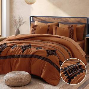 lot 201243 image: MaiR ve Embroidery Comforter Set, Boho Farmhouse Western Bedding Set, All Season Bed in A Bag Comforter Set with Sheets, Pillowcases & Shams, Burnt Orange Queen