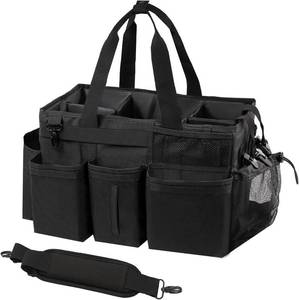 lot 201247 image: Wearable Cleaning Caddy Organizer with Handle & Shoulder Straps for Housekeepers, Under Sink & Car Cleaning Tool Organizer Bag with 4 Foldable Dividers (Black)
