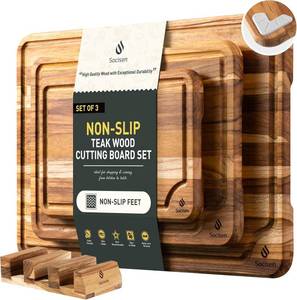lot 201249 image: 3 Pack Teak Wood Cutting Board Set for Kitchen Charcuterie Board Serving Heavy Duty Non Toxic Slip Over Sink Solid Thick Haus Wooden Chopping Board Large Big Small Meat Best Kitchen Essential Gift