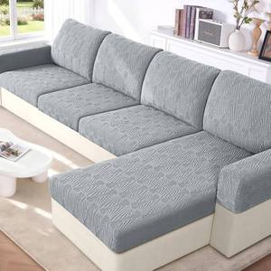 lot 301225 image: VANSOFY Couch Cushion Covers for Sectional Sofa, Stretch Jacquard Couch Seat Cushion Covers, Individual Washable Furniture Protector Sofa Slipcovers for Pet (3 Seater1 Chaise Cover, Light Gray)