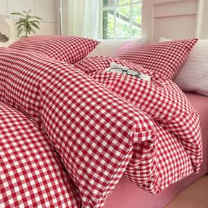 lot 301226 image: LifeTB Red Gingham Comforter Set Twin XL Modern Style Red Plaid Comforter Set 3 Pieces Soft Fluffy Grid Checkered Pattern Comforter with 2 Pillowcases Farmhouse Gingham Bedding Set Breathable