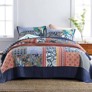 lot 301232 image: Retails for $120 Secgo King Size Comforter Set- 100% Cotton Quilt King Size Set, Navy, Bohemia bedspreads (96  108 Inch) with 2 Pillow Shams, Patchwork Reversible Lightweight Bedding