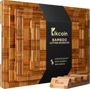 lot 301234 image: Kikcoin Extra Large Bamboo Cutting Boards, (Set of 3) Chopping Boards with Juice Groove Bamboo Wood Cutting Board Set Butcher Block for Kitchen, End Grain Serving Tray