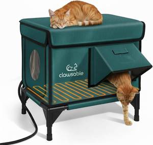 lot 301235 image: Indestructible Heated Cat House for Outside Winter, 100% Waterproof, Safe Escape Door, Insulated Outdoor Cat Shelter with Heater for Feral Barn Cat Kitty (Forest Green, 13x17x18)