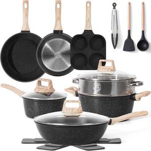 lot 301239 image: Pots and Pans Set Non Stick Kitchen Cookware Sets Nonstick Induction Cookware Non-toxic Black Granite Cooking Tools with Stay-Cool Handles, Pot Protectors (PFOSPFOA Free)