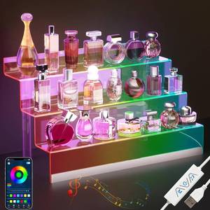 lot 301245 image: 16 Acrylic Display Organizer with LED Light - 3 Tier Perfume Stand and Display Step Shelves Holder, Cologne Organizer for Men, Figures Stand, Porta Perfumes Para Tocador, Clear Riser, Dessert Shelf