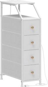 lot 301247 image: Tohomeor Narrow Dresser Tall Skinny Storage Tower Vertical Slim Chest of Drawers with Charging Station Small Nightstand Side Table for Bedroom, Bathroom, Small Spaces (White, 4 Drawers)