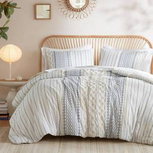 lot 301264 image: InkIvy Comforter for Queen Size Bed, Chenille Tufted, Breathable Cotton Comforter Set Queen, All Season Modern Boho Comforter with Farmhouse Bedding Flare, 2 Matching Shams, Queen WhiteNavy 3 Piece