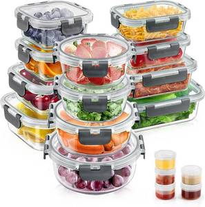 lot 401169 image: 34pcs Glass Food Storage Containers with Lids Set, Airtight Glass Meal Prep Containers (17 Containers & 17 Lids), Leak Proof Lunch Container BPA-Free, Microwave, Oven, Freezer, Dishwasher Safe-Grey