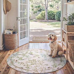 lot 401192 image: jinchan Yarden Round Rugs 4ft Ivory Botanical Birds Print Machine Washable 4 Circle Nature Plants Modern Soft Non Slip Throw Area Rugs Ultra Thin Low Pile Carpet for Entryway Bedroom Kids Room