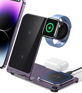 lot 401194 image: Intoval Aluminum 3 in 1 Wireless Charging Station for iPhone 17 16 15 14 13 Pro Max, Wireless Charger for Apple Watch 11 10 9 8 7 Ultra SE 3 2, Wireless Phone Charger for AirPods 4 Pro 2 3(Purple)