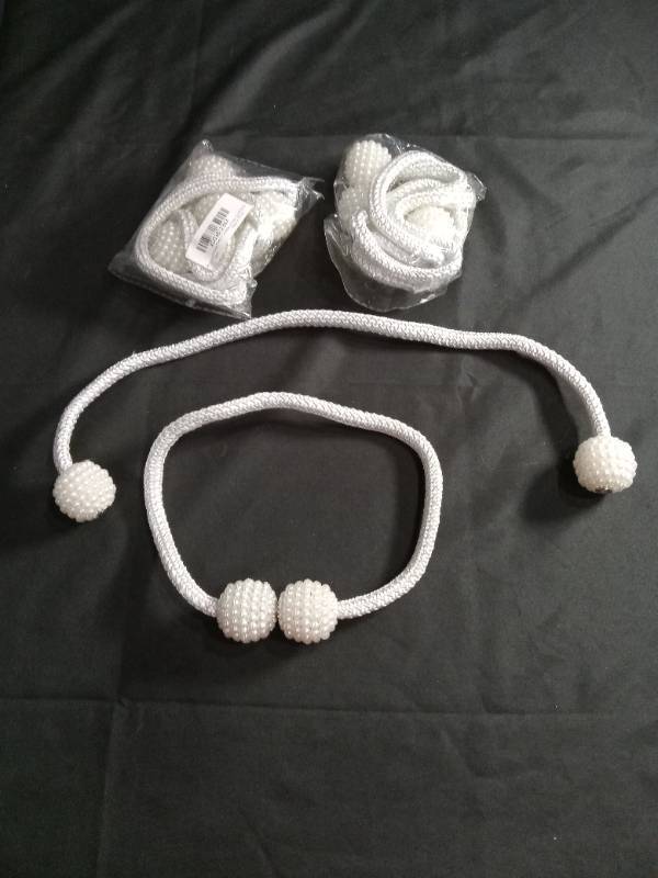 lot 9023 image: White Pearl Curtain Tiebacks with Braided Rope